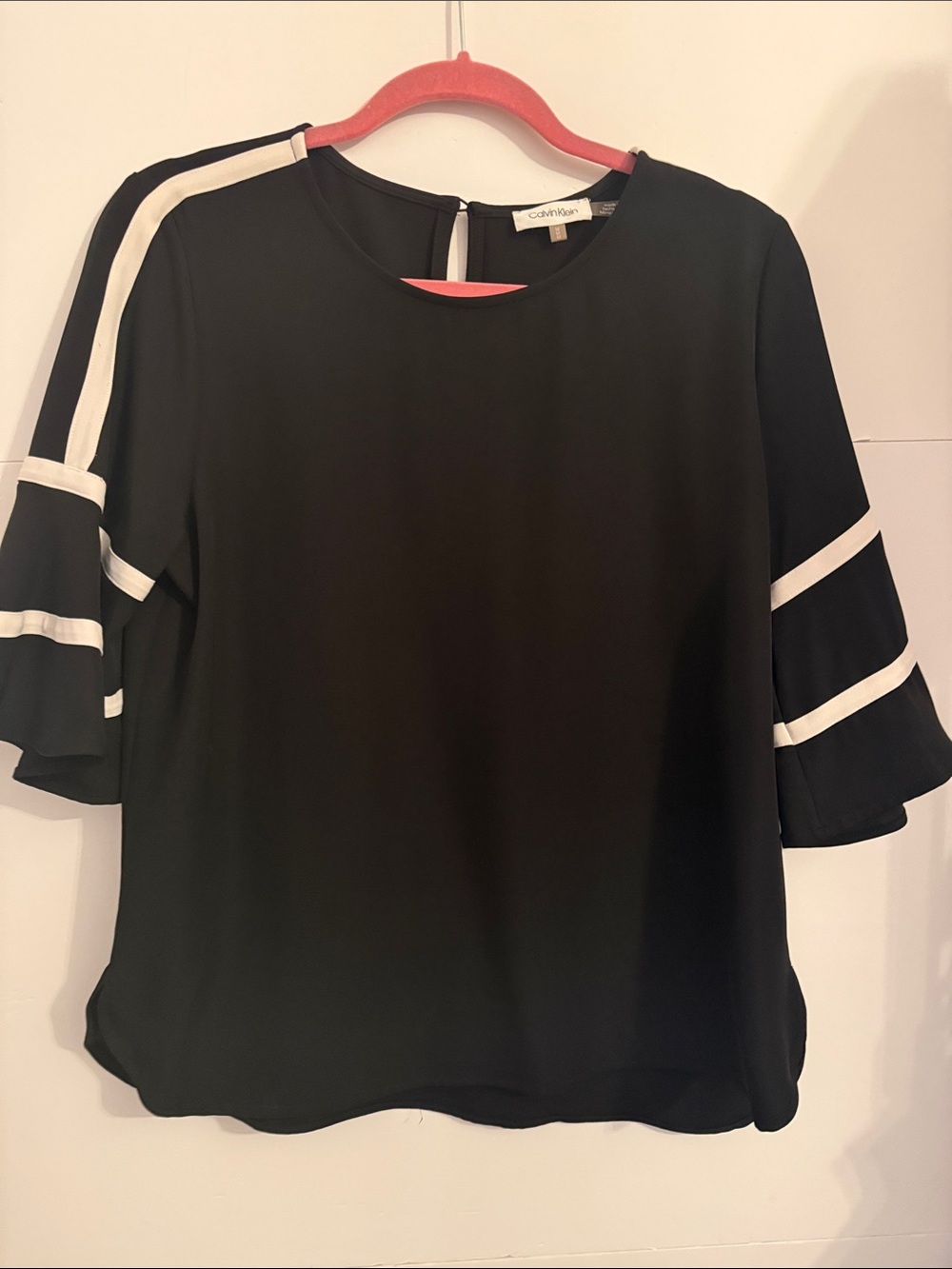 Calvin Klein Black Blouse with3 1/4 bell sleeve white Stripe detail medium